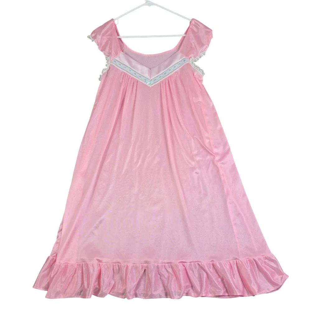 Vintage Pink Nylon Nightgown Womens Medium Pink Lace Trim Ruffle Hem Sleepwear